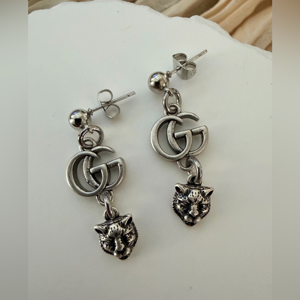 Silver Double G Drop Earrings with Leopard Head Charm